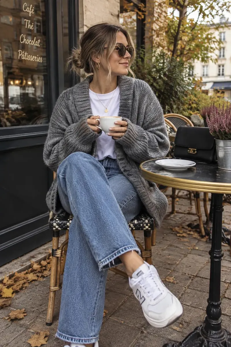 Woman in a camel coat, knit sweater and boots walking through autumn leaves